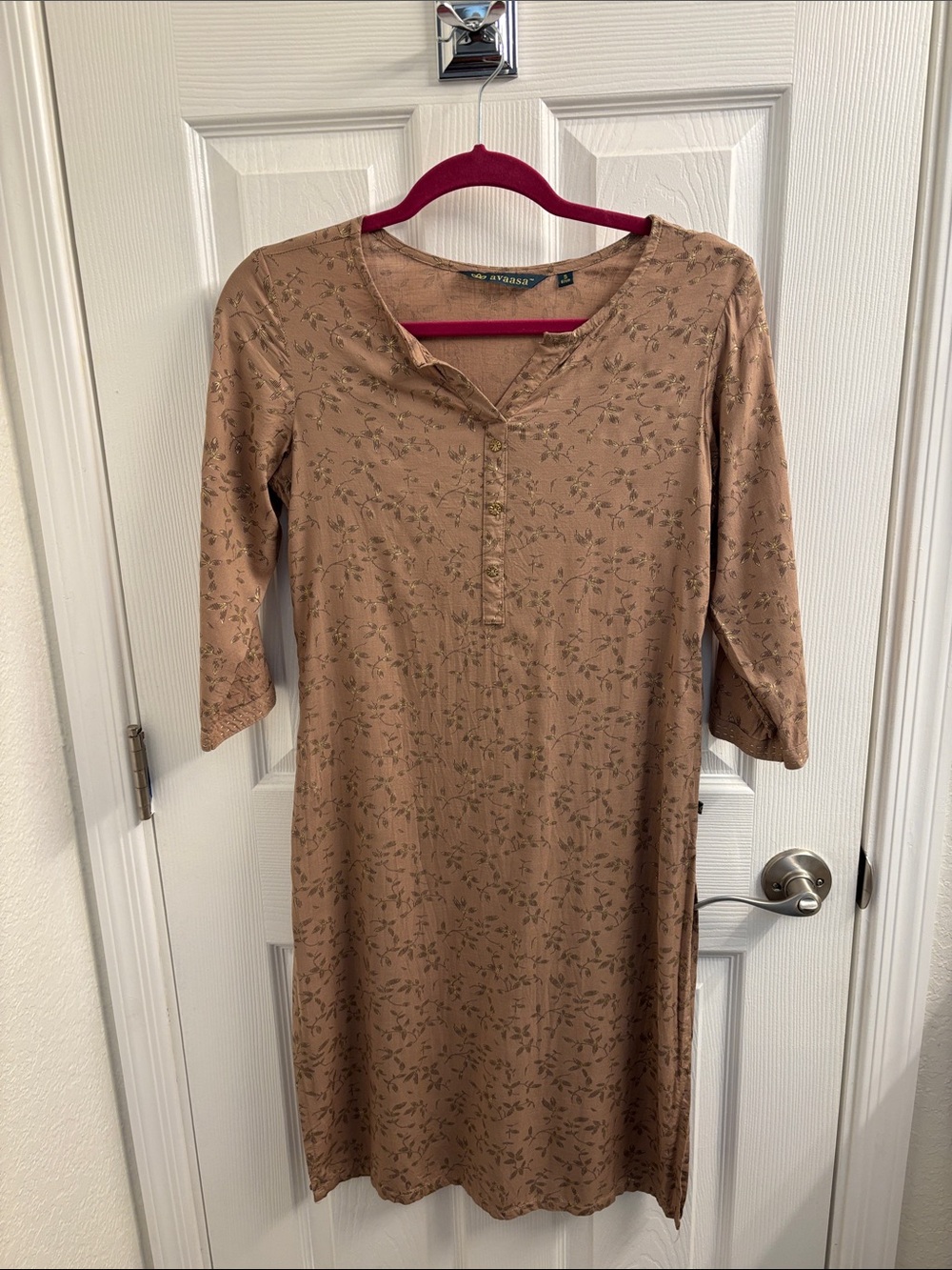 Women's AVAASA Tan Floral w/Gold Metallic Midi Dress/Tunic - Size Small
